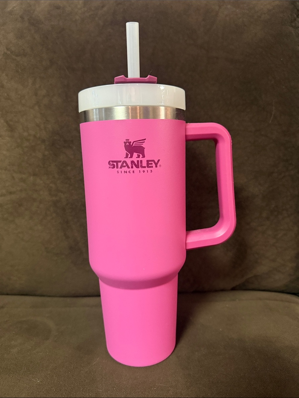 Stanley Hot Pink Travel Mug with White Lid and Handle